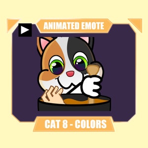 May include: Animated emote of a calico cat with green eyes, wearing a white chef's hat, stirring a pot of orange soup with a wooden spoon. The text "CAT 8 - COLORS" is below the image.