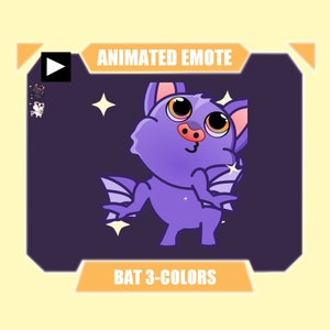 Peut inclure: Émoticône animé de chauve-souris violette avec de grands yeux et un nez rose. La chauve-souris se tient debout sur ses pattes arrière, les ailes déployées. Il y a des étoiles scintillantes autour de la chauve-souris. Le texte "ANIMATED EMOTE" et "BAT 3-COLORS" est affiché sur l'image.