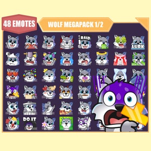 GRAY WOLF Emote Bundle for Twitch | Youtube Emotes | Discord Emotes | Streamer Emotes | Sub Emotes | 48 emote megapack bundle