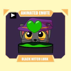 Puede incluir: Emoticono animado con un gato gris con un sombrero de bruja morado con un corazón verde. El gato mira por encima de un caldero negro lleno de líquido verde. El texto dice "ANIMATED EMOTE" y "BLACK WITCH LURK".