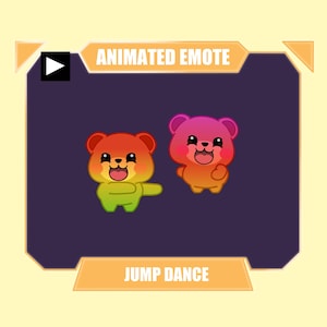 May include: Animated emote featuring two cartoon bears with gradient coloring. One bear is orange and green, the other is pink and orange. The bears have happy expressions and are labeled "Animated Emote" and "Jump Dance".