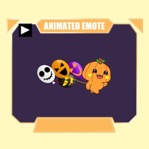 May include: An animated emote featuring a cartoon pumpkin character holding a cluster of four balloons. The balloons include a white skull, an orange jack-o'-lantern, a purple jack-o'-lantern, and a black jack-o'-lantern. The text reads ANIMATED EMOTE.