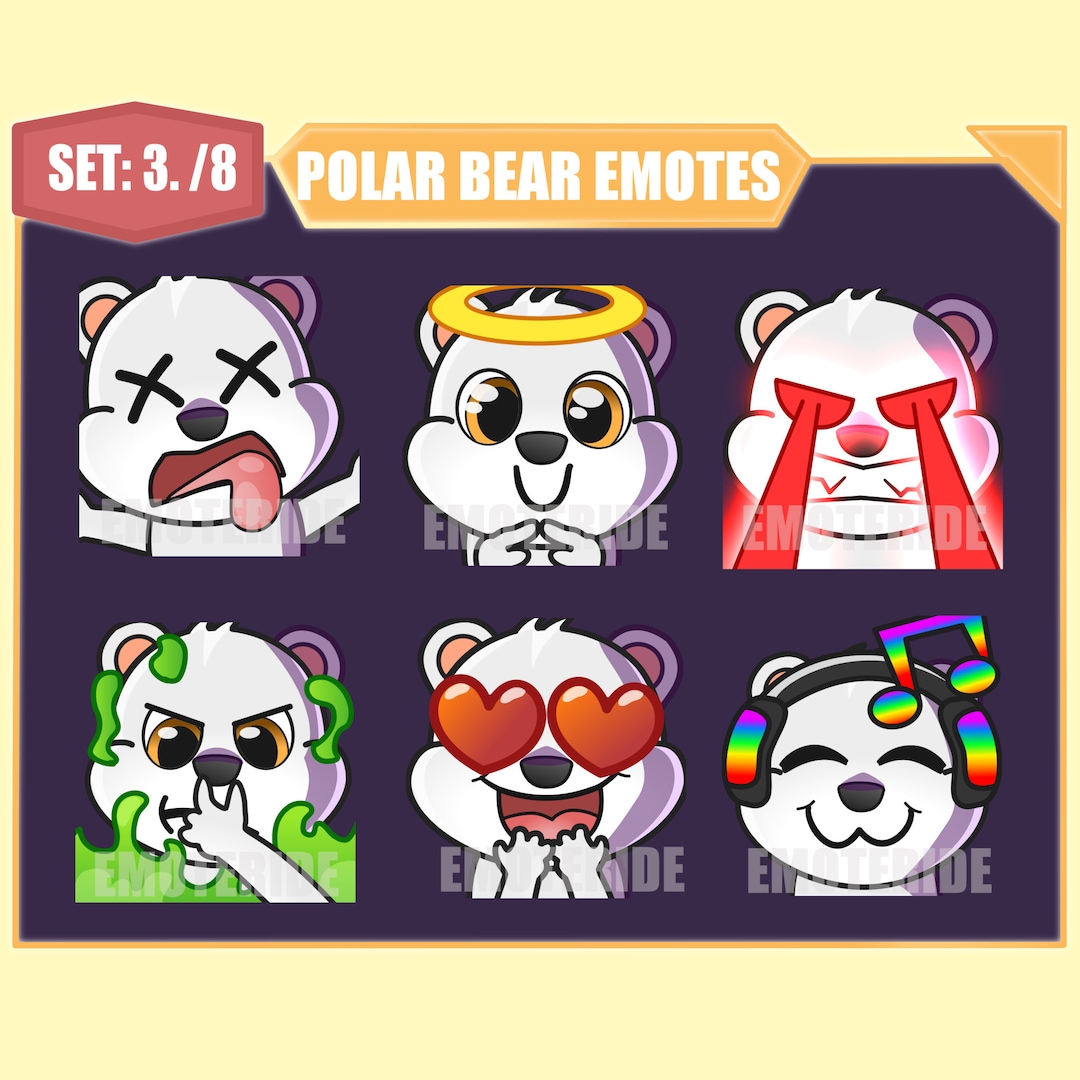 Polar Bear Twitch Emote Pack 3 Rip, Angel, Laser Eyes, Toxic Smell, Heart Eyes, Headphones Polar