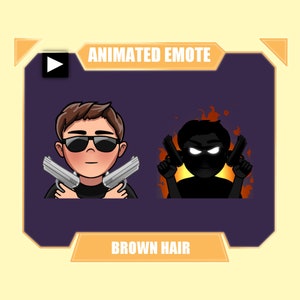 Animowana emotka broni dla Twitch Discord Youtube | Fajny facet z bronią i brązowymi włosami | W strefie | Emotka streamera w ogniu