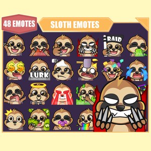 Könnte beinhalten: Ein Set mit 48 Faultier-Emojis mit verschiedenen Ausdrücken, darunter glücklich, traurig, wütend und überrascht. Die Emojis sind im Cartoon-Stil gehalten und perfekt für die Verwendung im Online-Chat oder in sozialen Medien.
