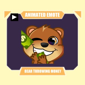 Puede incluir: Emoticono animado de un oso marrón con una sonrisa traviesa, guiñando un ojo y sosteniendo un billete de dólar verde en cada pata. El oso está tirando dinero, como lo indica el texto "BEAR THROWING MONEY" debajo de la imagen. El emoticono está sobre un fondo morado.