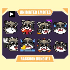 Paquete de emoticonos ANIMADOS DE RACCOON para Twitch / Youtube Emotes / Discord Emotes / Streamer Emotes / Sub Emotes / Cute trash panda paquete de 8 paquetes