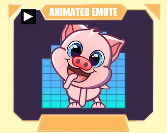 May include: Animated emote of a pink pig with large blue eyes, sticking its tongue out and smiling. The pig is on a blue and green checkered background. The emote is in a black frame with the text "ANIMATED EMOTE" at the top.