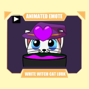 Puede incluir: Emoticono animado de un gato blanco con un sombrero de bruja morado con un corazón rosa en él, mirando por encima del borde de un caldero lleno de líquido morado. El texto "ANIMATED EMOTE" está por encima del gato y "WHITE WITCH CAT LURK" está por debajo del gato.