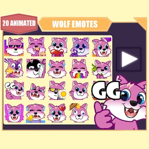 ANIMATED Pink wolf emote bundle for Twitch | Youtube Emotes | Discord Emotes | Streamer Emotes | Sub Emotes | Wolf 20 emote mega bundle
