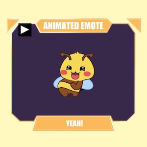 Puede incluir: Un emote animado que presenta una abeja de dibujos animados con cabeza amarilla, cuerpo marrón y alas azul claro. La abeja tiene una expresión feliz con la boca abierta, mejillas rosadas y antenas. El texto ANIMATED EMOTE y YEAH! aparece en recuadros naranjas.