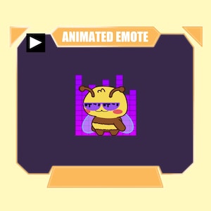 May include: An animated emote featuring a cartoon bee with brown and yellow stripes, wearing purple-tinted sunglasses. The bee is positioned in front of a purple digital audio equalizer graphic. The text ANIMATED EMOTE is displayed at the top.
