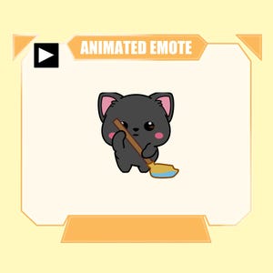 May include: A digital graphic of a small, dark gray cartoon cat with pink inner ears and cheeks, holding a brown broom with a yellow and blue bristle head. The image is framed in a light-colored border with the text ANIMATED EMOTE at the top.