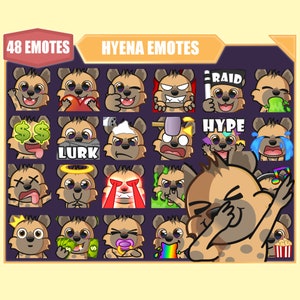 Paquete de emoticones HYENA para Twitch/Kick/emoticones de YouTube/emoticones de Discord/emoticones de streamer/emoticones de suscriptor/paquete de megapaquete de 48 emoticones