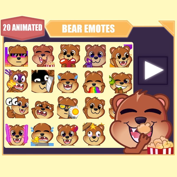 ANIMOWANY pakiet emotikonek brązowego niedźwiedzia na Twitch | Emotikony YouTube | Emotikony Discord | Emotikony Streamer Sub | Słodki miś, 20 emotikonek mega pakiet
