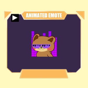 May include: An animated emote featuring a brown cartoon bear wearing purple pixelated sunglasses. The bear is positioned in front of a purple vertical audio equalizer bar graphic. The text ANIMATED EMOTE is displayed in a light orange banner above.