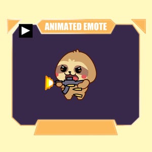 May include: A digital graphic featuring a cartoon sloth with a determined expression, holding a dark gray rifle that emits a bright yellow muzzle flash. The sloth is set against a dark purple background within a light orange frame labeled ANIMATED EMOTE.