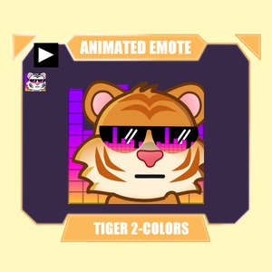 May include: Animated emote of a tiger wearing sunglasses with a pink and purple background. The text "ANIMATED EMOTE" and "TIGER 2-COLORS" is displayed on the image.