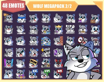 May include: A set of 48 wolf emoticons with different expressions and accessories. The emoticons are in a grid format and feature a gray wolf with blue eyes. The emoticons include expressions like happy, sad, angry, surprised, and more. The emoticons also feature accessories like a crown, a microphone, a guitar, and more.