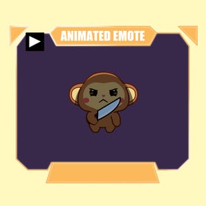 May include: An animated emote featuring a brown cartoon monkey with a stern expression, holding a silver knife. The character is set against a dark purple background within a light orange frame, with the text ANIMATED EMOTE displayed at the top.