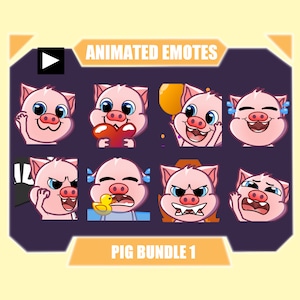Paquete de gestos ANIMADOS DE CERDO para Twitch / Youtube Emotes / Discord Emotes / Streamer Emotes / Sub Emotes / Lindo paquete de 8 paquetes de cerdo