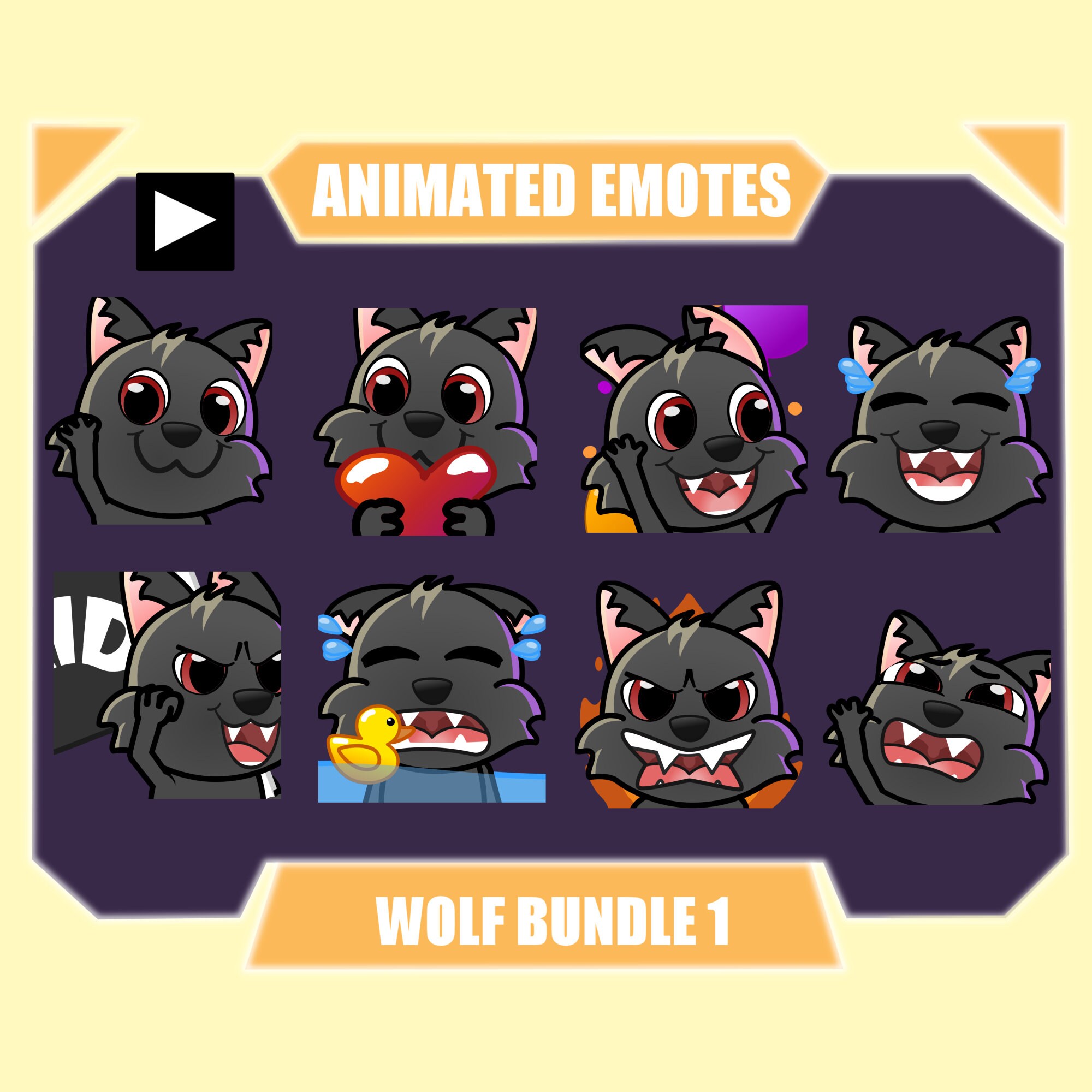 BLACK WOLF ANIMATED emote pack for Twitch | Youtube Emotes | Discord Emotes | Streamer Emotes | Sub Emotes | 8-pack bundle