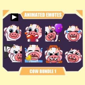 Pakiet emotikonów RÓŻOWA KROWA ANIMOWANA na Twitch | Emotikony YouTube | Emotikony Discord | Emotikony Streamerów | Emotikony Subskrybentów | Pakiet 8 uroczych emotikonów krów