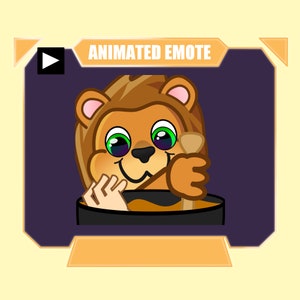 May include: Animated emote featuring a cartoon lion with brown fur, green eyes, and a black nose. The lion is holding a wooden spoon over a pot of food. The text "ANIMATED EMOTE" is displayed above the lion.