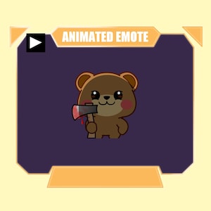 May include: Animated emoji of a brown bear holding a small black axe with a red handle and a drop of blood on the blade. The bear has a cute expression with rosy cheeks.
