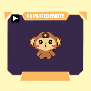 May include: A digital graphic of a brown cartoon monkey with large dark eyes, pink cheeks, and a small mouth, centered on a dark purple background within a light orange frame. The text ANIMATED EMOTE is displayed in white at the top of the frame.