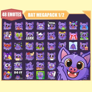Purple bat emote bundle for twitch kick streaming 48 emotes