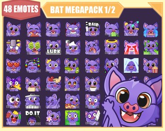 PURPLE BAT Emote Bundle for Twitch | Youtube Emotes | Discord Emotes | Streamer Emotes | Sub Emotes | 48 emote megapack bundle