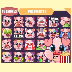 Paquete de emoticones PINK PIG para Twitch, emoticones de YouTube, emoticones de Discord, emoticones de streamers, emoticones de suscriptores, paquete de megapaquete de 48 emoticones