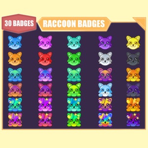 30 insignias de bits de mapache para Twitch / insignias secundarias de mapache lindas y coloridas