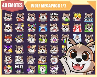 May include: A collection of 48 wolf-themed emotes with various expressions and accessories. The text "48 EMOTES" and "WOLF MEGAPACK 1/2" are displayed at the top. The emotes include text like "RAID", "LURK", and "DO IT".