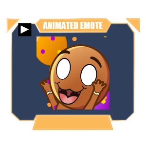 Peut inclure: Emote animé représentant un personnage brun souriant avec de grands yeux blancs et une bouche ouverte. Le personnage fait signe de la main. Le fond est bleu foncé avec des accents orange et violets. Le texte "ANIMATED EMOTE" est affiché.