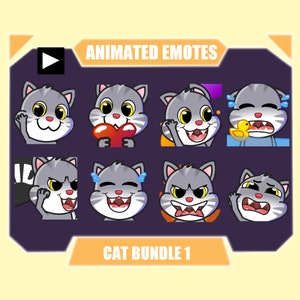 GRAY CAT ANIMATED emote pack for Twitch | Youtube | Discord Emotes | Streamer Emotes | Sub Emotes | Gray tabby cat 8-pack emote bundle