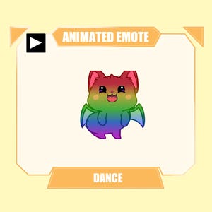 May include: A digital graphic of a small, rainbow-colored bat character with large eyes and a smiling mouth. The character is centered within a light-colored frame featuring the text "ANIMATED EMOTE" at the top and "DANCE" at the bottom.