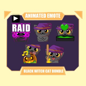 GEANIMEERDE EMOTE BUNDEL Zwarte heks kat voor twitch onenigheid | Halloween-emotebundel | Zwarte heksenkattenaanval, kwade lach, op de loer liggen, danskat, hype