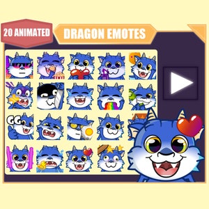 Paquete de gestos de dragón azul ANIMADO para Twitch / Youtube Emotes / Discord Emotes / Streamer Emotes / Sub Emotes / Dragon 20 emote mega paquete