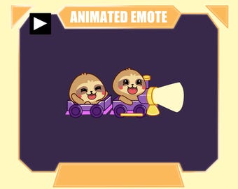 May include: An animated emote featuring two brown sloths with pink cheeks and wide smiles riding in a purple train. The front of the train has a bright yellow headlight beam shining forward. The text ANIMATED EMOTE is displayed at the top.