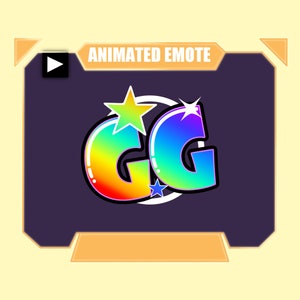 Geanimeerde en statische GG-regenboogtekst-emote voor twitch discord youtube | Kleur veranderende regenboog GG met glitters letter tekst woord emote