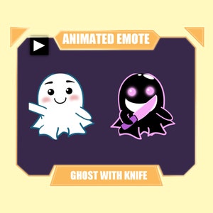 May include: Animated emote featuring two ghosts. One ghost is white with a friendly expression, while the other is black with a sinister smile and holds a pink knife. The text "ANIMATED EMOTE" appears above the ghosts, and "GHOST WITH KNIFE" appears below.