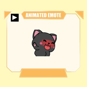 May include: A digital graphic of a black cat with pink inner ears and pink cheeks, shown with a wide, happy, open-mouthed expression and one raised paw. The image includes a play button icon and the text ANIMATED EMOTE in a banner.