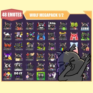 Lot d'émotes BLACK WOLF pour Twitch | Émoticônes YouTube | Émoticônes Discord | Emotes pour streamer | Sous-émoticônes | Lot de 48 mégapacks d'émoticônes