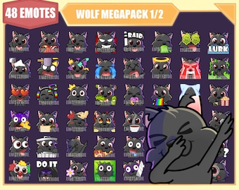May include: A set of 48 animated emotes featuring a gray wolf with different expressions and actions. The emotes are arranged in a grid on a purple background with a yellow border. The text "WOLF MEGAPACK 1/2" is at the top of the grid.