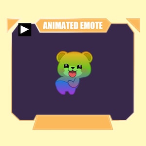 Könnte beinhalten: Ein animiertes Emote mit einem Cartoon-Bären in einem regenbogenfarbenen Farbverlauf, der von Grün oben bis Blau und Lila unten reicht. Der Bär hat einen fröhlichen Ausdruck mit offenem Mund und herausgestreckter Zunge vor dunklem Hintergrund.