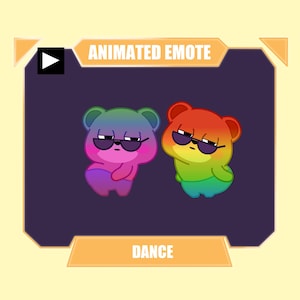 Pode incluir: Um emote animado com dois ursos de desenho animado usando óculos de sol. O urso da esquerda tem um gradiente rosa e azul, enquanto o da direita tem um gradiente vermelho, amarelo e verde. O texto ANIMATED EMOTE e DANCE é visível.