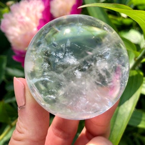 Peut inclure: Une sphère de cristal de quartz clair avec un intérieur nuageux et blanc. La sphère est tenue dans une main sur un fond de feuilles vertes et de fleurs roses.