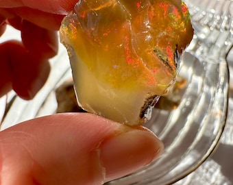 May include: A rough, natural, yellow-brown opal with red and green iridescence. The opal is held in a hand, and the background is a clear glass dish.